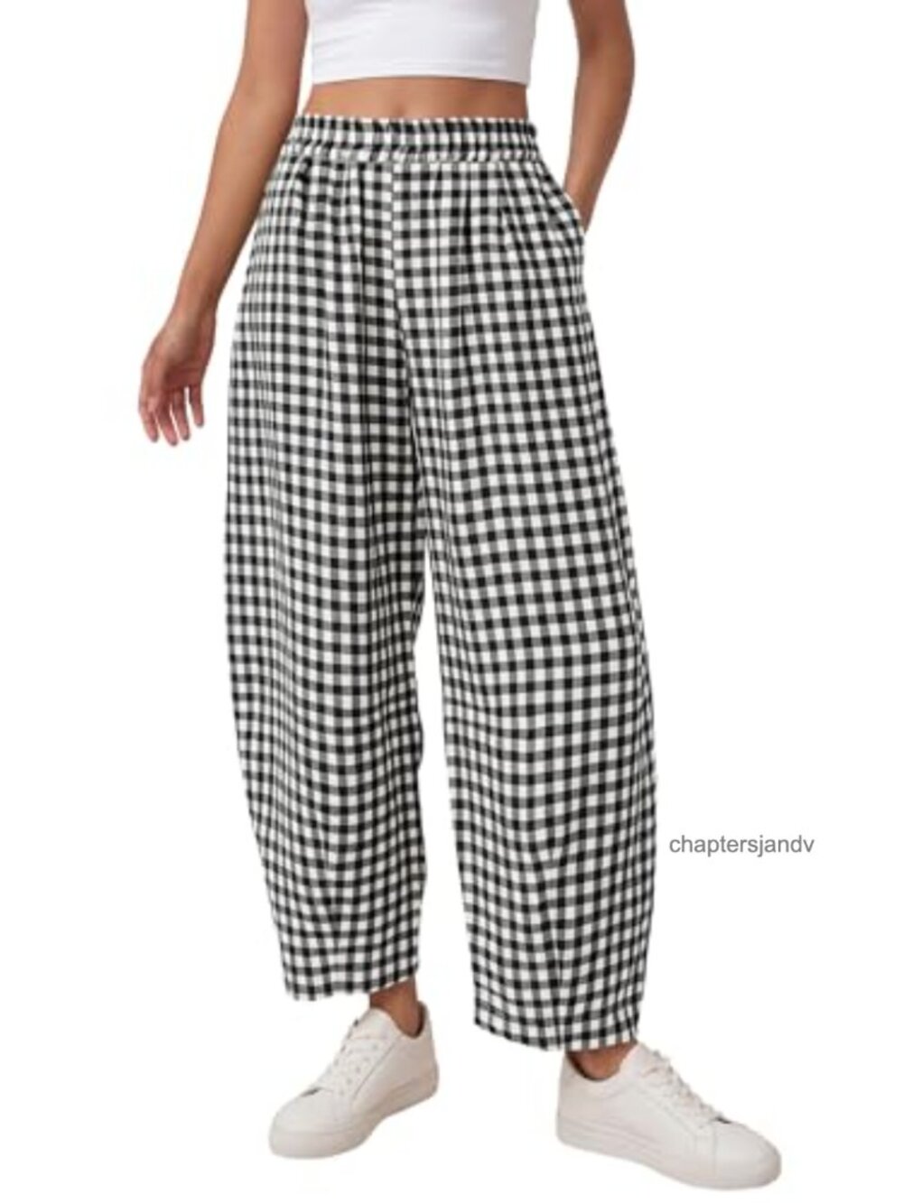 PRETTYGARDEN Plaid Barrel Pants Women Pull On High Rise Tapered Casual